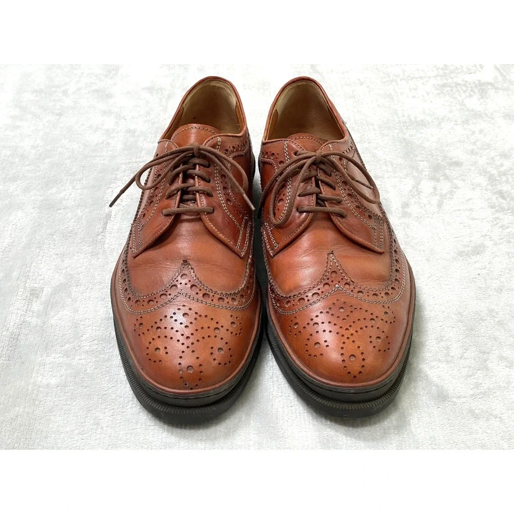 Pollini Linea Torpedo Men's 10 Cognac Leather Wingtip Brogue Oxfords Italy